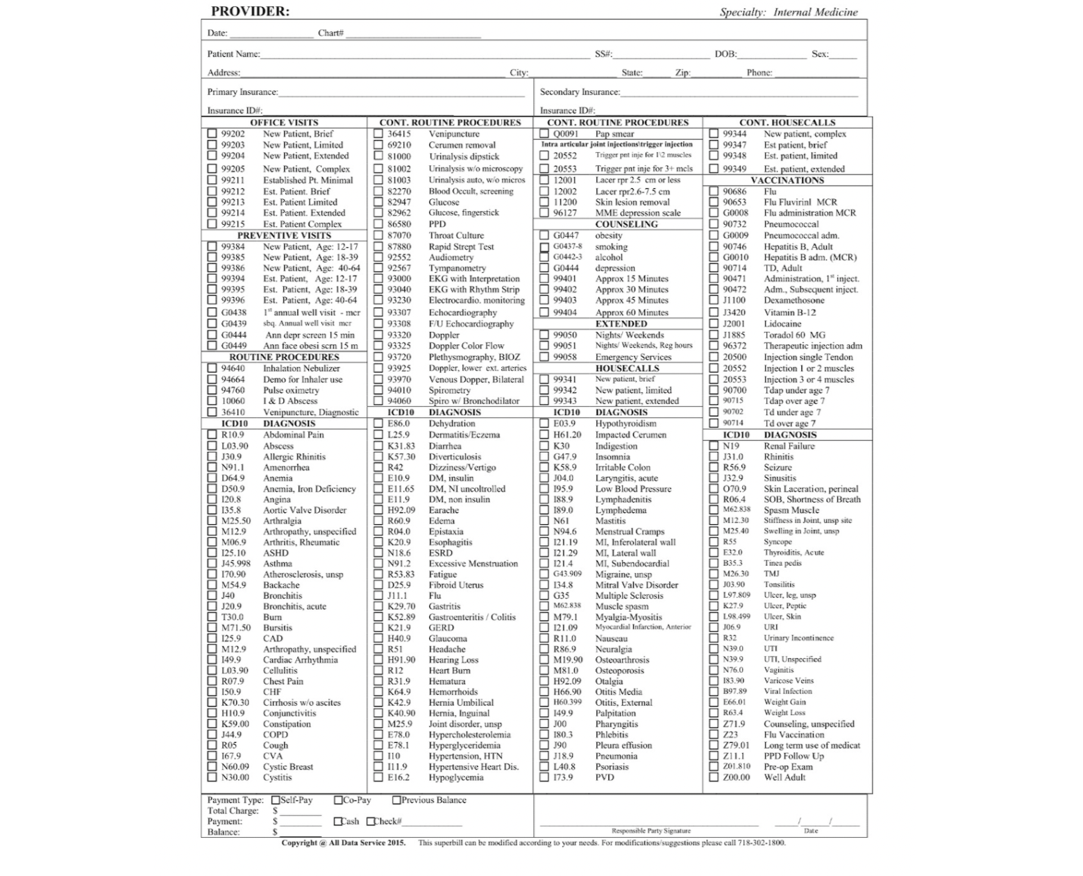 The paper version of a superbill. The top of the form contains fields for patient information, including name, address, date of birth, and insurance information. Below it are four columns of information that include many categories: office visits, preventive visits, routine procedures, diagnosis, counseling, extended, housecalls, and vaccinations. Under each category is a list of items, each with a code, and checkbox next to it. There are about 200 items on the page.